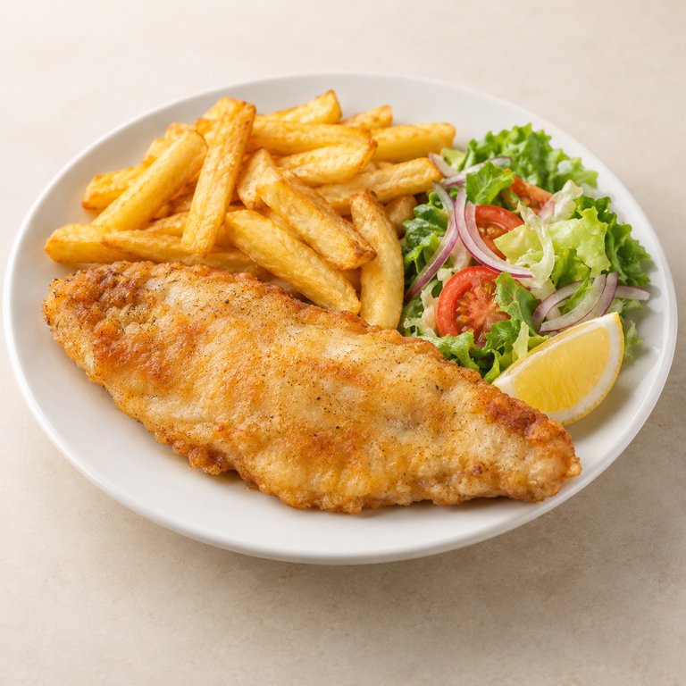 [39] Pescado frito con patatas o ensalada