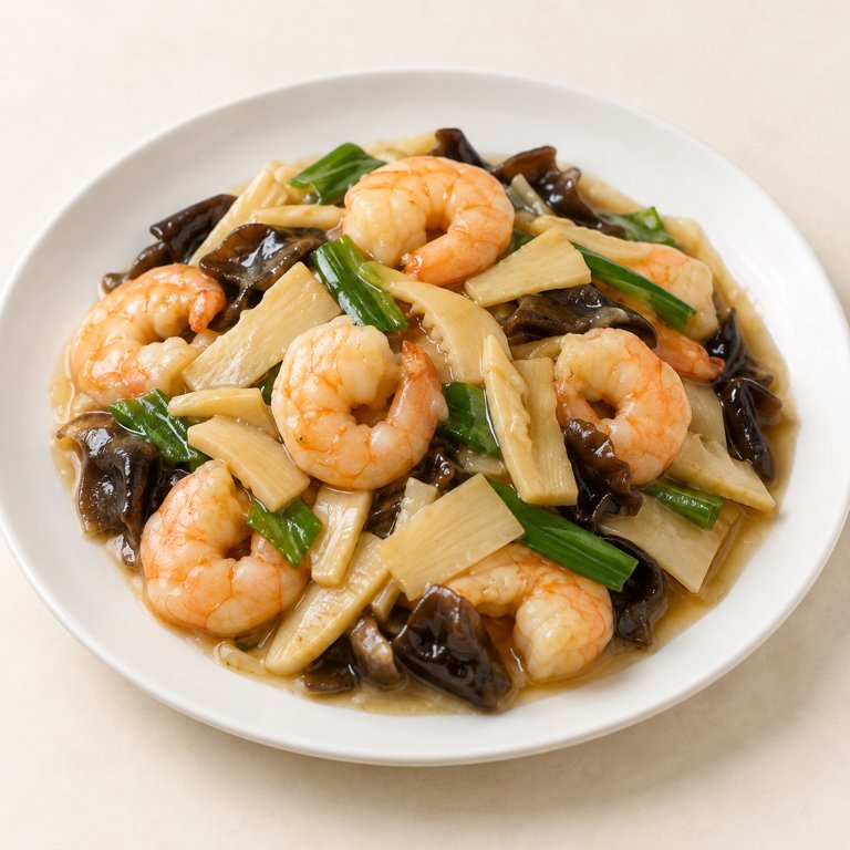[47] Gambas con bambú y setas